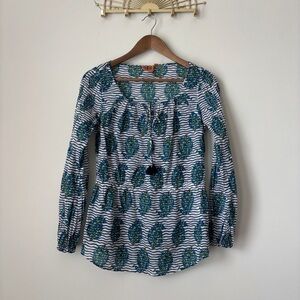 Tory Burch Evelina Floral Tunic Blouse 0 Blue Green Paisley